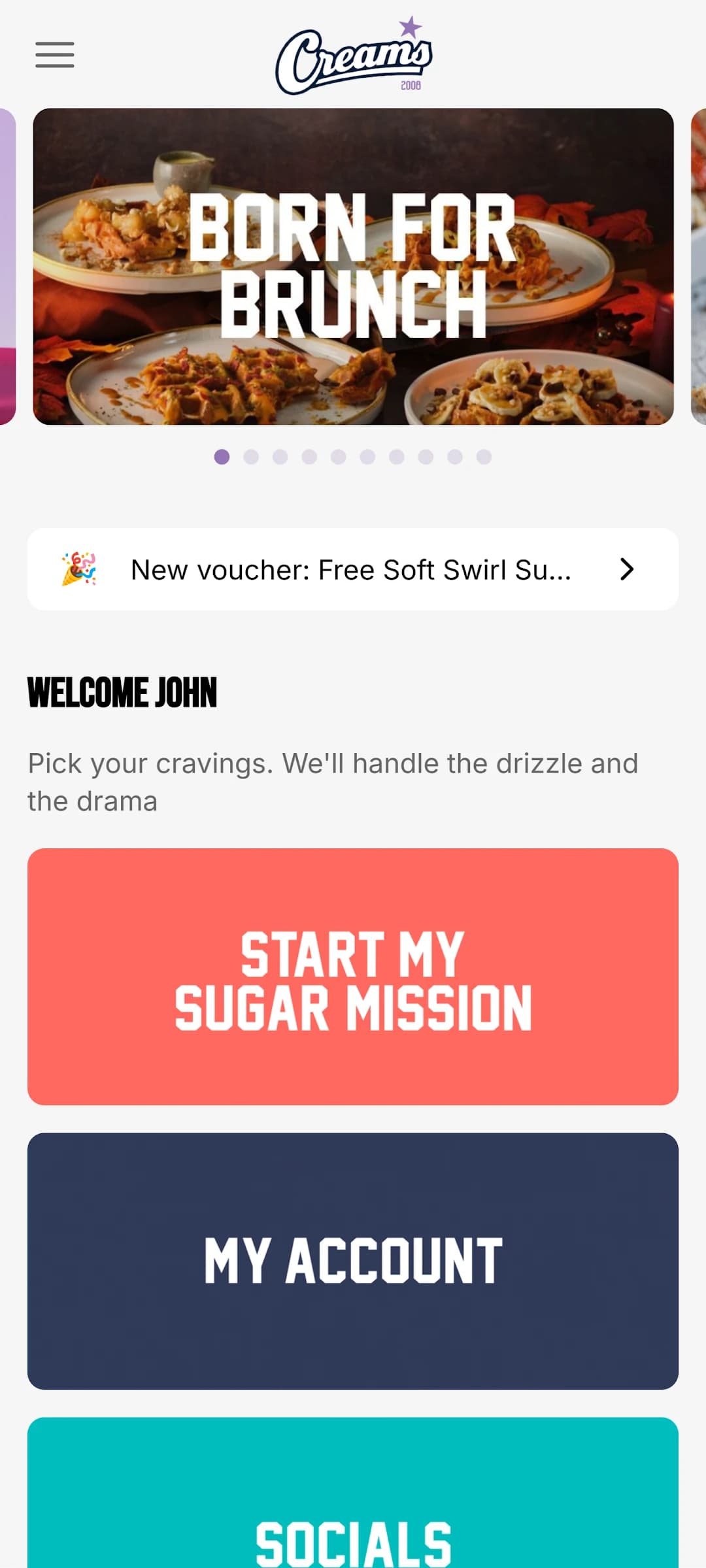 Creams branded app home screen displayed on a phone