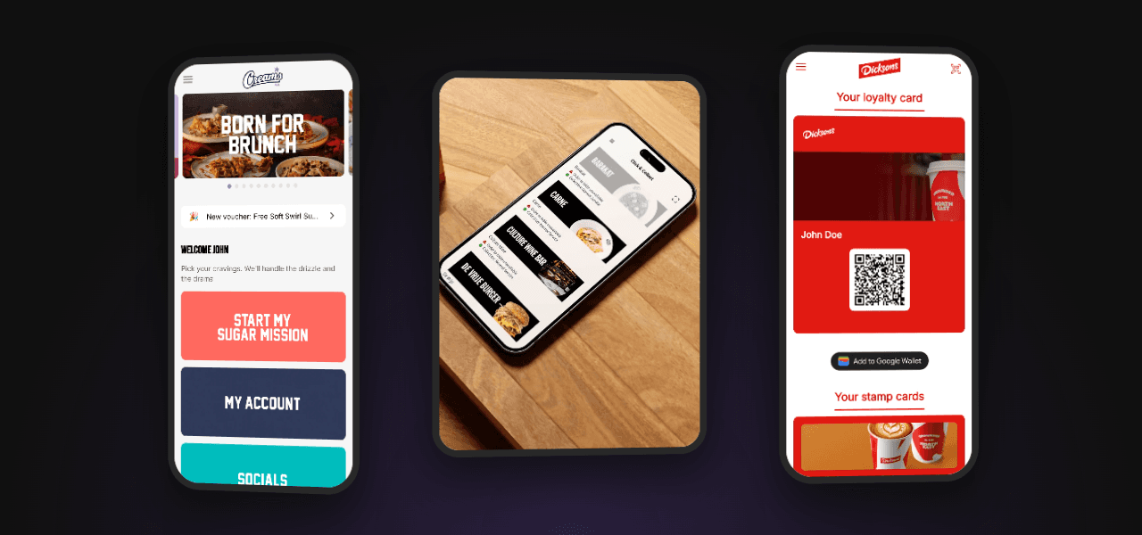 Animated showcase of the Creams app, Time Out ordering and Dicksons loyalty screens